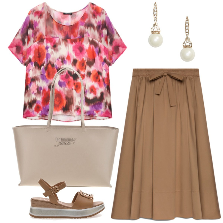 Outfit donna - Total look #2432628. Stile Casual per Tutti i giorni. Abbinamento con gonne lunghe, bluse, orecchini, sandali, borse a spalla.