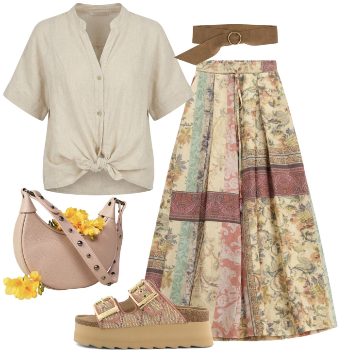 Outfit donna - Total look #2432630. Stile Casual per Tutti i giorni. Abbinamento con pantaloni a palazzo, borse a spalla, cinture, camicie a manica corta, ciabatte.