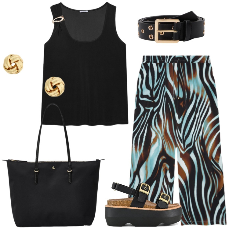 Outfit donna - Total look #2432632. Stile Casual per Tutti i giorni. Abbinamento con pantaloni a palazzo, canottiere, cinture, borse tote, orecchini, sandali col tacco.
