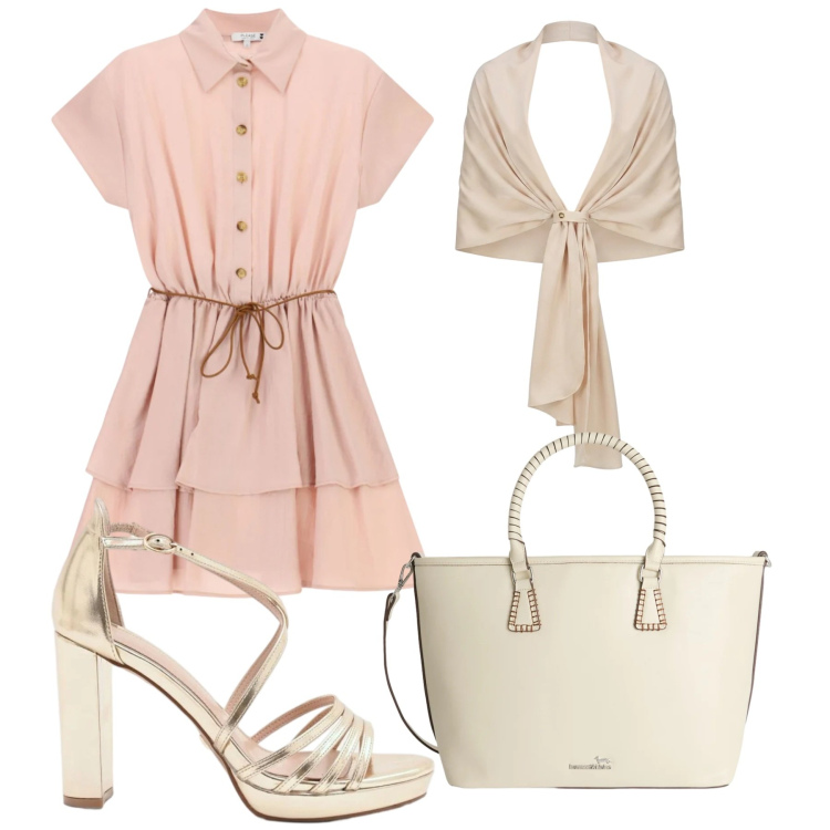 Outfit donna - Beige🤎. Stile Glamour per Tutti i giorni. Abbinamento con shopping bag, vestiti corti, stole, sandali col tacco.