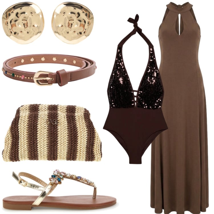 Outfit donna - Pochette intrecciata a righe. Stile Casual chic per Mare. Abbinamento con costumi interi, cinture, orecchini, vestiti lunghi, sandali gioiello, pochette.