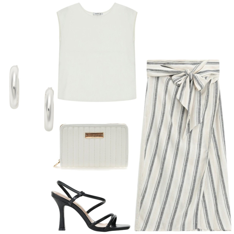 Outfit donna - Total look #2432644. Stile Chic per Tutti i giorni. Abbinamento con orecchini, gonne longuette, top, sandali col tacco, portafogli.