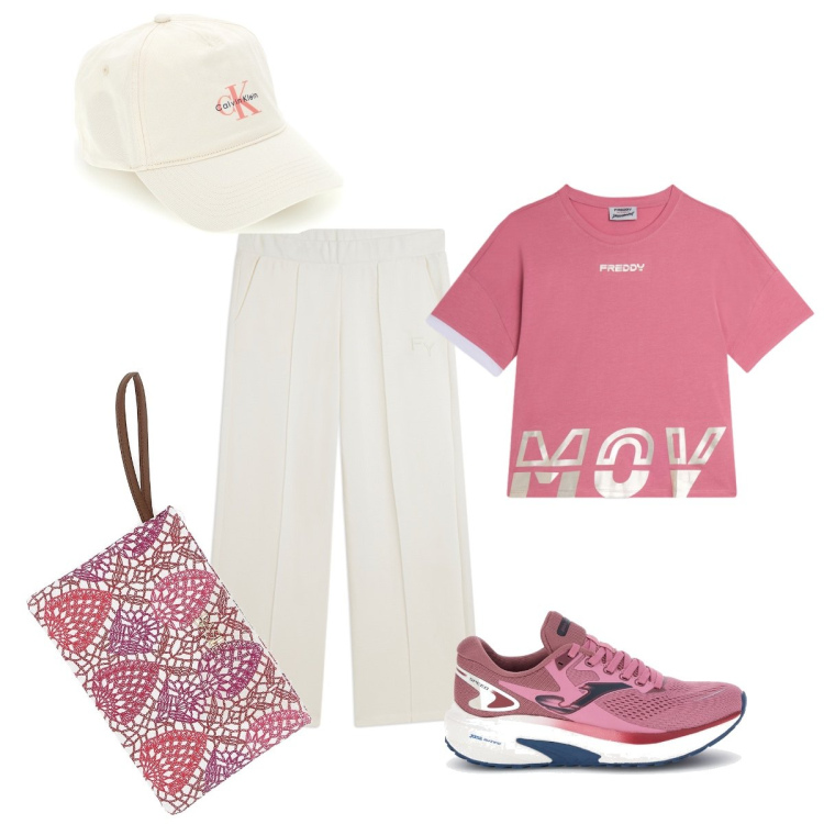Outfit donna - In città. Stile Sporty chic per Tutti i giorni. Abbinamento con pantaloni, t-shirt, sneakers, pochette, cappelli con visiera.