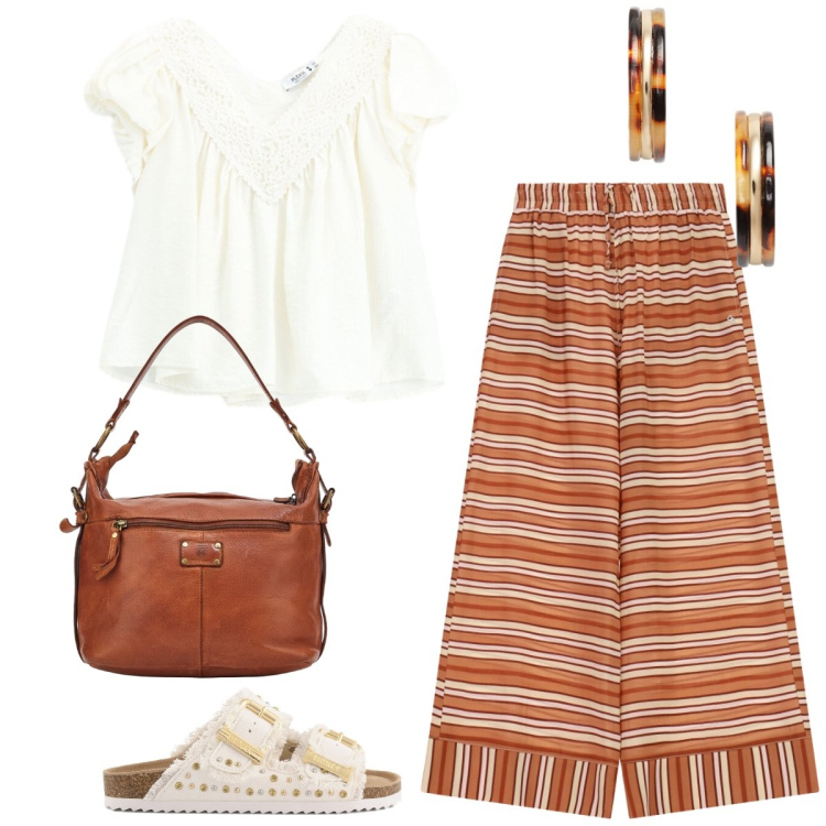 Outfit donna - Total look #2432646. Stile Boho per Tutti i giorni. Abbinamento con orecchini, pantaloni a palazzo, bluse, borse a spalla, sandali.