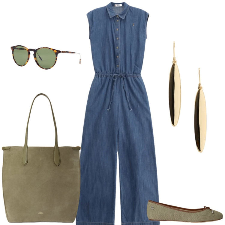 Outfit donna - Total look #2432651. Stile Casual chic per Tutti i giorni. Abbinamento con tute, orecchini, occhiali da sole, ballerine, borse tote.