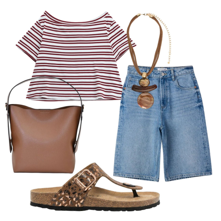 Outfit donna - Total look #2432654. Stile Casual per Tutti i giorni. Abbinamento con infradito, bermuda, t-shirt, borse a mano, ciondoli.