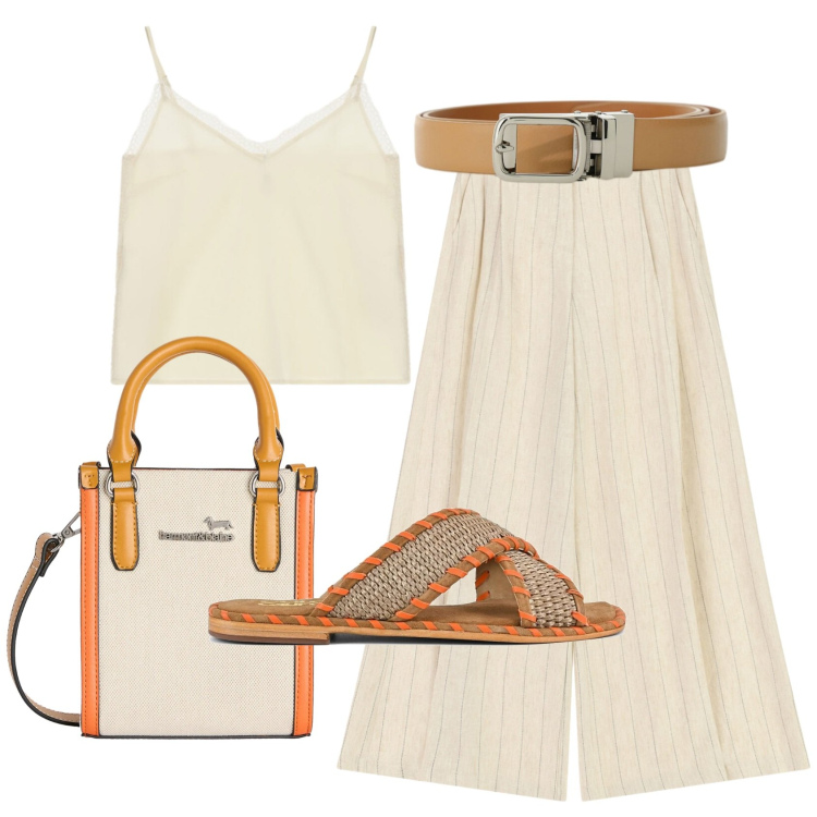 Outfit donna - Total look #2432657. Stile Minimal per Ufficio. Abbinamento con borse tote, pantaloni a palazzo, canottiere, cinture, ciabatte.