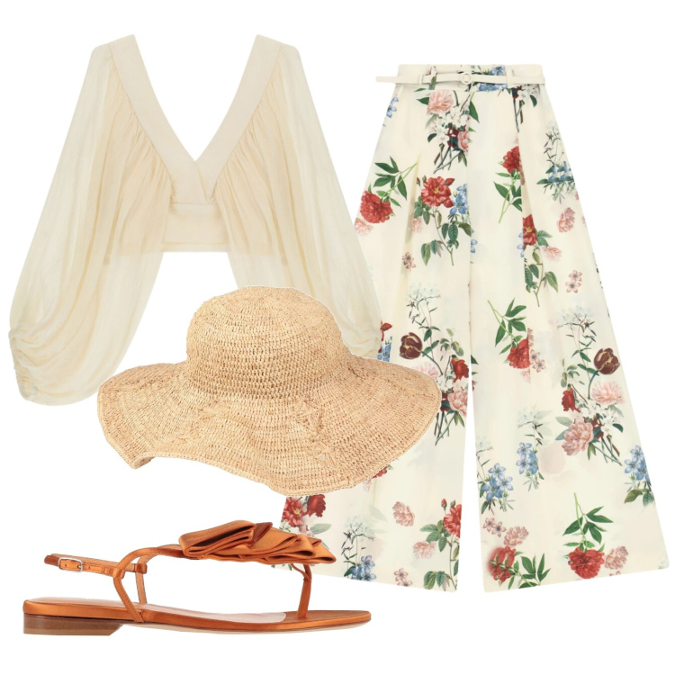 Outfit donna - Total look #2432659. Stile Romantica per Serata fuori. Abbinamento con cappelli, infradito, top, pantaloni a palazzo.