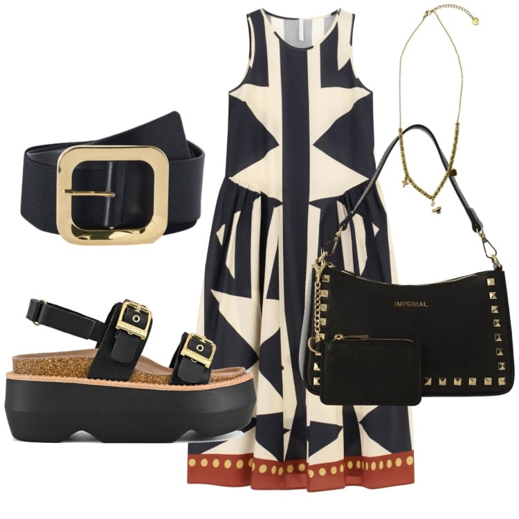 Outfit donna - Total look #2432661. Stile Etnico per Ufficio. Abbinamento con ciondoli, cinture, vestiti midi/longuette, borse a spalla, sandali col tacco.