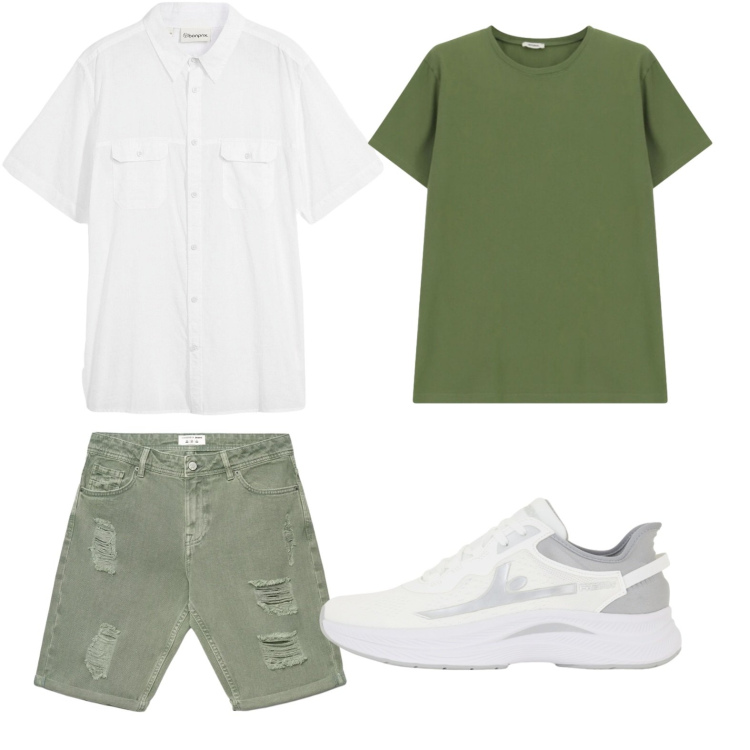 Outfit uomo - Bermuda vissuti. Stile Casual per Tutti i giorni. Abbinamento con camicie a manica corta, bermuda, sneakers, t-shirt.