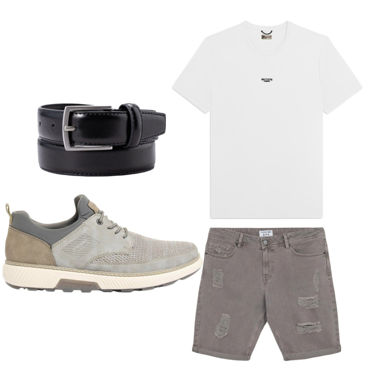 Outfit uomo - Silhouette disinvolta. Stile Trendy per Tutti i giorni. Abbinamento con sneakers, bermuda, t-shirt, cinture.