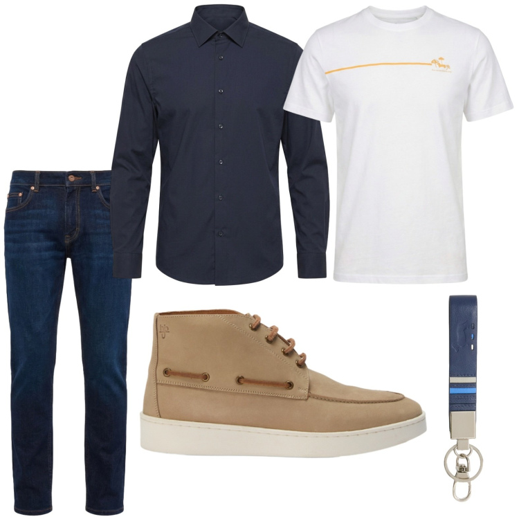 Outfit uomo - Equilibrio perfetto. Stile Trendy per Tutti i giorni. Abbinamento con stivali e stivaletti, t-shirt, jeans, portachiavi, camicie.
