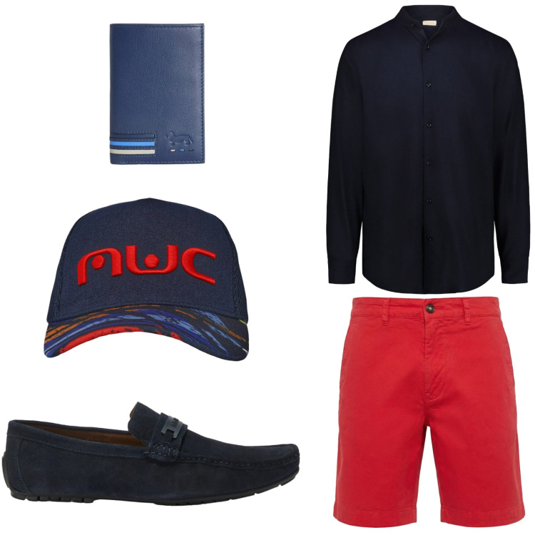 Outfit uomo - Contrasto cromatico. Stile Casual per Tutti i giorni. Abbinamento con portafogli, scarpe stringate, bermuda, cappelli con visiera, camicie.