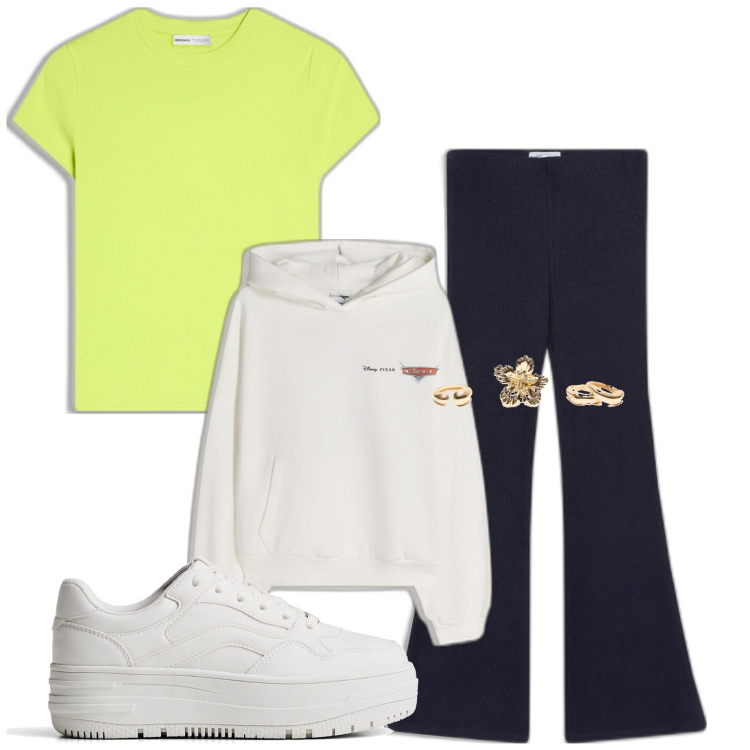 Outfit mujer - Cuando llega la calma. Estilo Casual chic para Todos los días. Combinación con sudaderas con capucha, sneakers, camiseta, pantalones, anillos.