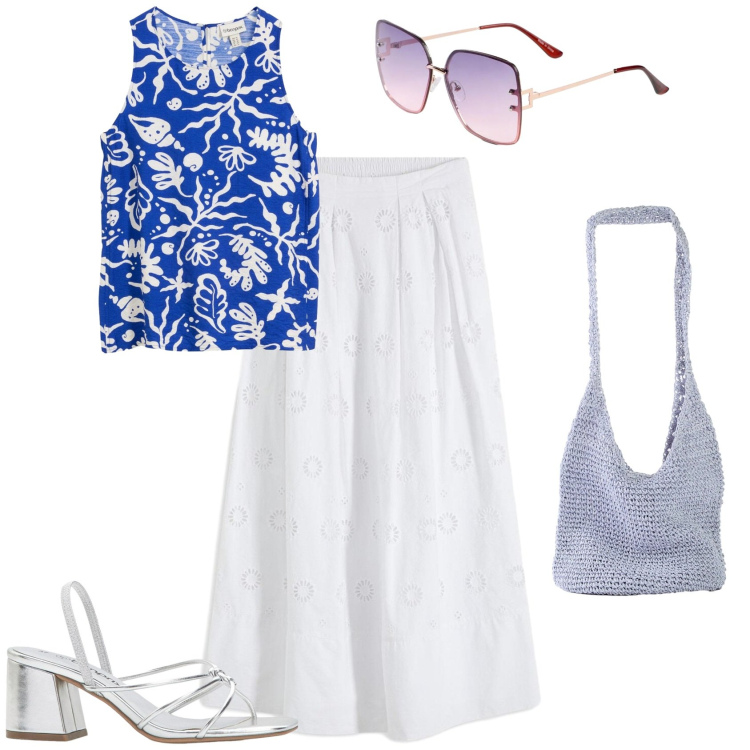 Outfit donna - Romantica al mare. Stile Romantica per Mare. Abbinamento con occhiali da sole, shopping bag, sandali col tacco, gonne lunghe, canottiere.