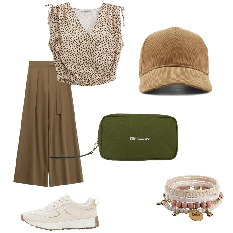 Outfit donna - Office. Stile Casual chic per Ufficio. Abbinamento con sneakers, braccialetti con ciondoli, pantaloni a palazzo, top, valigie, cappelli con visiera.