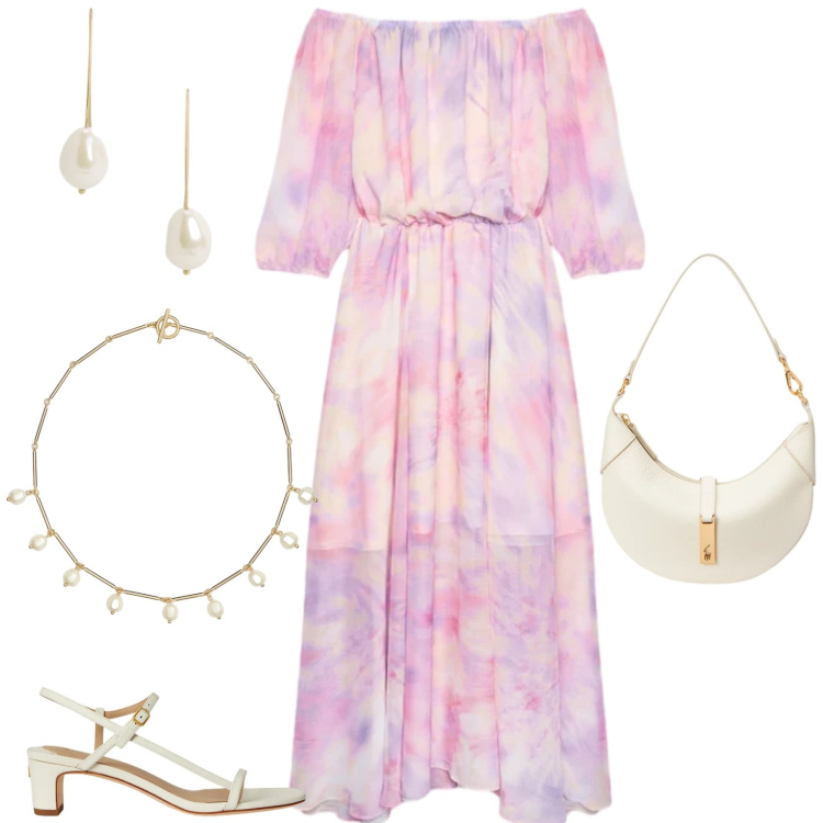 Outfit donna - Romantica chic cerimonia evento serata. Stile Romantica per Cerimonia. Abbinamento con vestiti lunghi, borse a spalla, sandali in pelle, orecchini, collane.