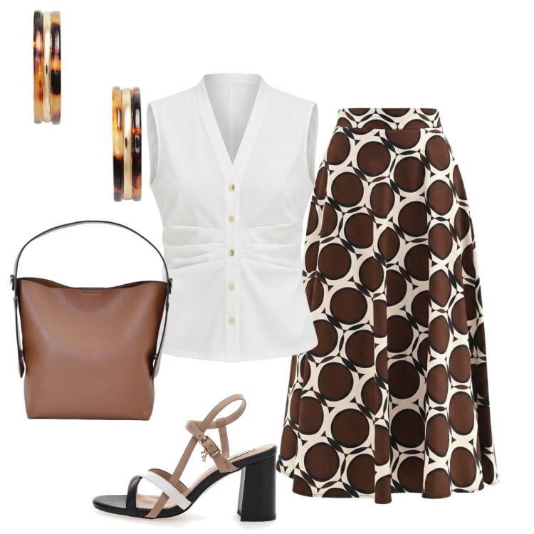 Outfit donna - Cerimonia informale. Stile Chic per Cerimonia. Abbinamento con gonne lunghe, borse a mano, camicie a manica corta, orecchini, sandali col tacco.