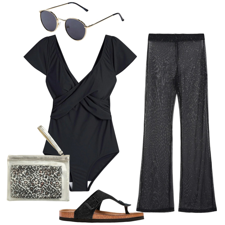 Outfit donna - A Mare con eleganza. Stile Glamour per Mare. Abbinamento con costumi interi, infradito, occhiali da sole, vestiti da spiaggia, pochette.