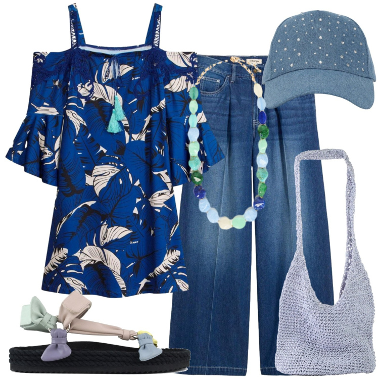 Outfit donna - Total look #2432682. Stile Casual per Tutti i giorni. Abbinamento con shopping bag, jeans, vestiti, cappelli, collane, sandali.