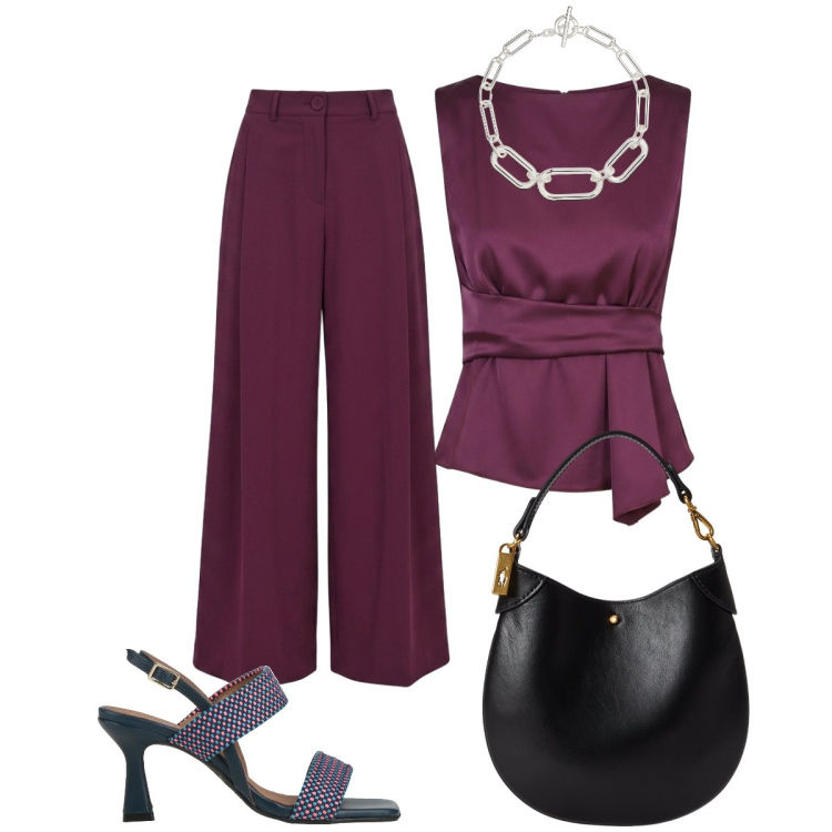Outfit donna - Cerimonia serale. Stile Chic per Cerimonia. Abbinamento con sandali in pelle, pantaloni a palazzo, top, pochette, collane.