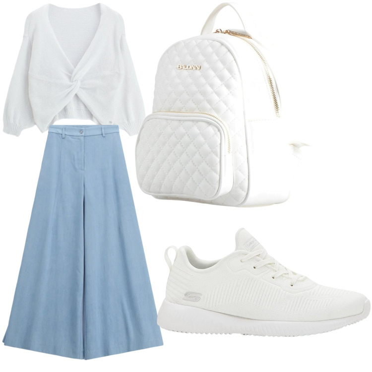 Outfit donna - 🤍Withe🤍. Stile Casual chic per Tutti i giorni. Abbinamento con zaini, sneakers, pantaloni a palazzo, cardigans.