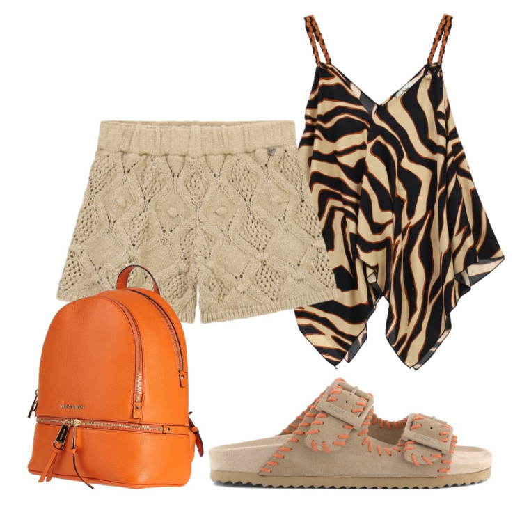Outfit donna - Sandali passpartout. Stile Glamour per Mare. Abbinamento con zaini, shorts, top, sandali in pelle.