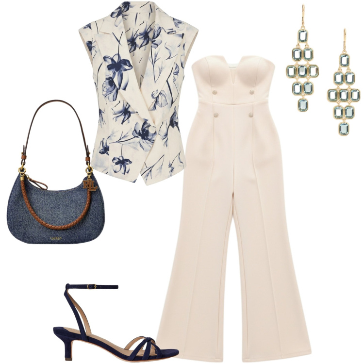 Outfit donna - Summer Rinascimento. Stile Chic per Cerimonia. Abbinamento con orecchini, borse a spalla, sandali col tacco, tute, gilet.