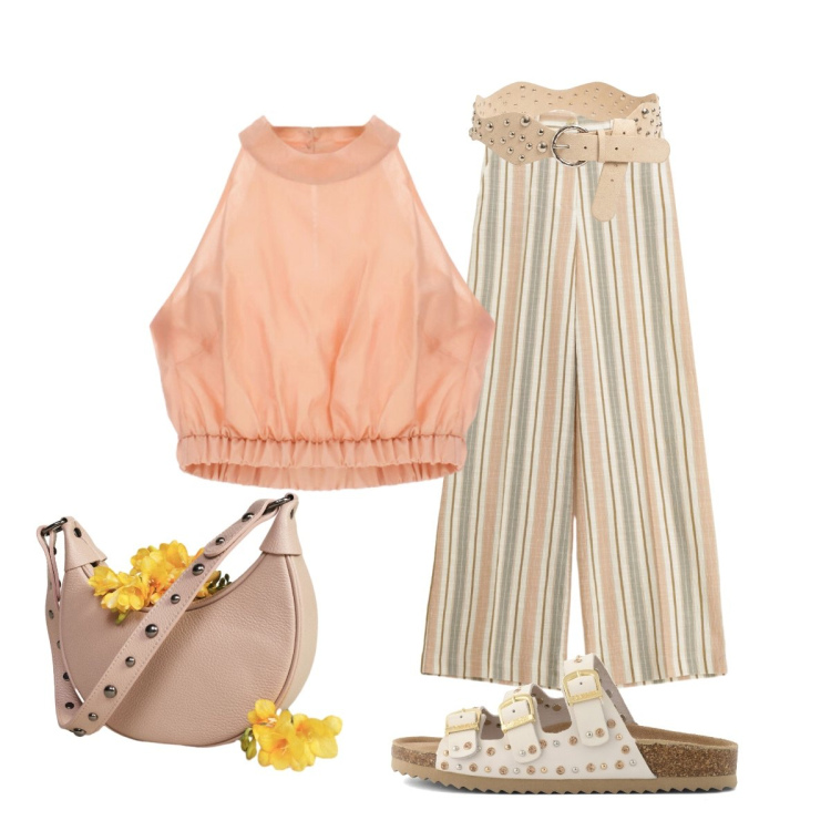 Outfit donna - Sandali protagonisti. Stile Minimal per Tutti i giorni. Abbinamento con pantaloni a palazzo, borse a spalla, top, cinture, sandali.