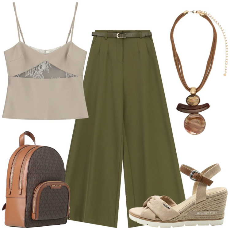 Outfit donna - Mercatini in montagna. Stile Casual chic per Tutti i giorni. Abbinamento con zaini, sandali col tacco, pantaloni a palazzo, top, ciondoli.