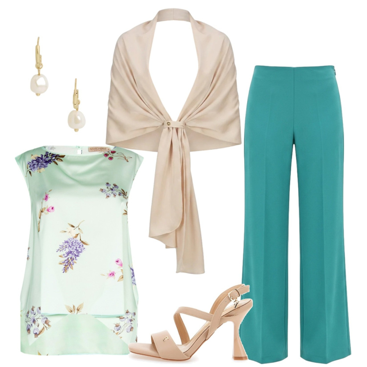 Outfit donna - Per ogni spettacolo. Stile Casual chic per Cerimonia. Abbinamento con top, stole, pantaloni a palazzo, orecchini, sandali col tacco.