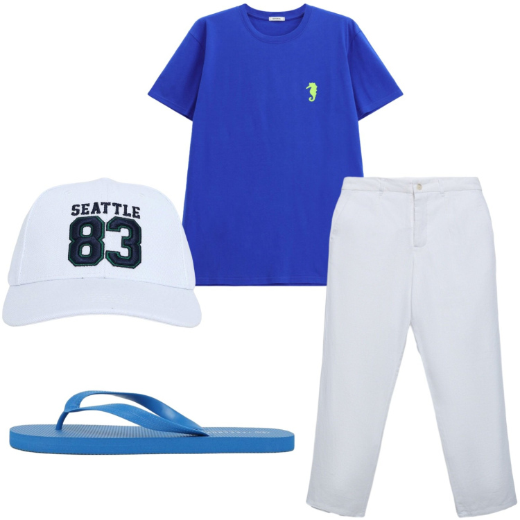 Outfit uomo - T-shirt intensa. Stile Trendy per Tutti i giorni. Abbinamento con cappelli, pantaloni chino, sandali, t-shirt.