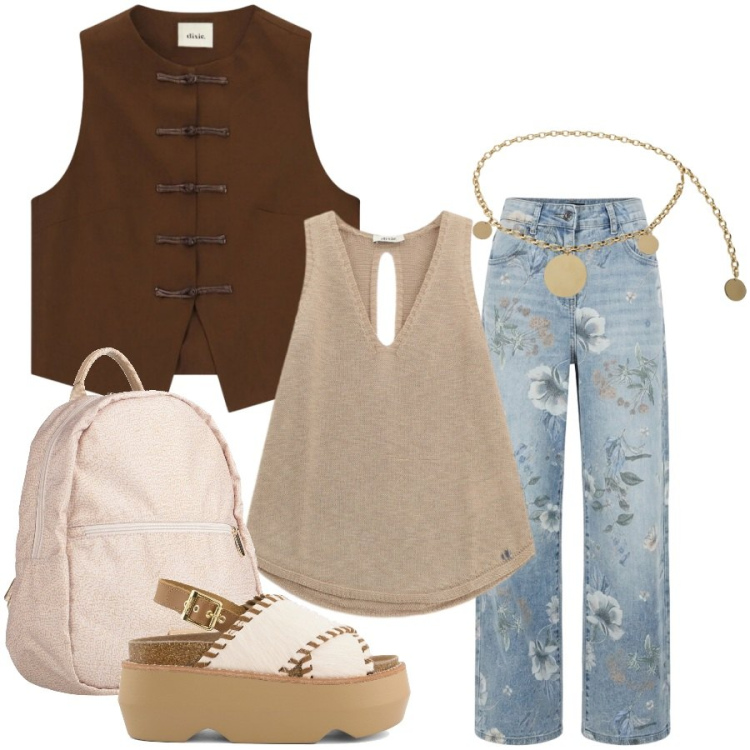 Outfit donna - Total look #2432704. Stile Casual chic per Tutti i giorni. Abbinamento con zaini, gilet, top, cinture, jeans, zeppe.