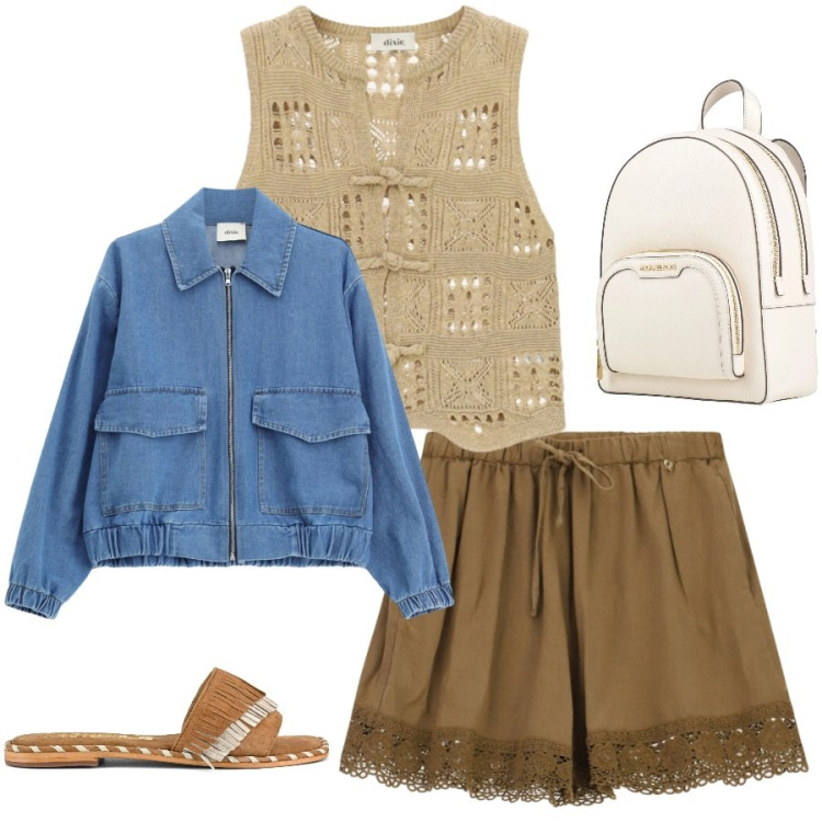 Outfit donna - Total look #2432710. Stile Casual chic per Tutti i giorni. Abbinamento con zaini, blazer, gilet, shorts, ciabatte.