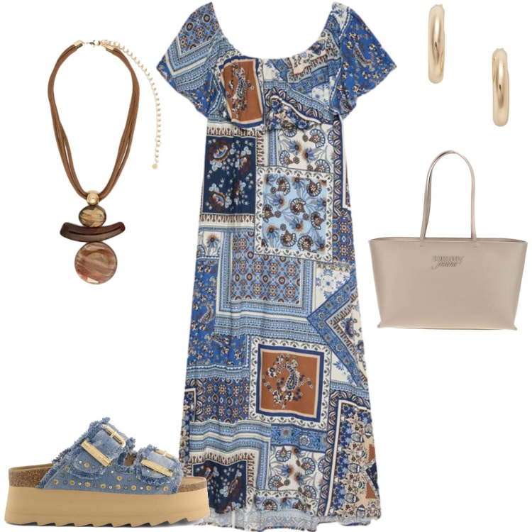 Outfit donna - Casual al mare o in città. Stile Casual per Mare. Abbinamento con vestiti lunghi, ciondoli, orecchini, zeppe, borse a spalla.