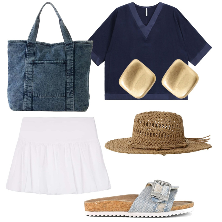Outfit donna - Passeggiate in città. Stile Casual per Tutti i giorni. Abbinamento con shopping bag, minigonne, bluse, cappelli, orecchini, sandali.