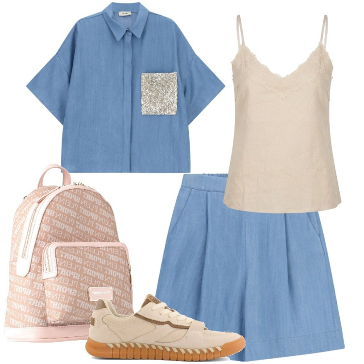 Outfit donna - Total look #2432713. Stile Casual chic per Tutti i giorni. Abbinamento con zaini, shorts, camicie a manica corta, top, sneakers.