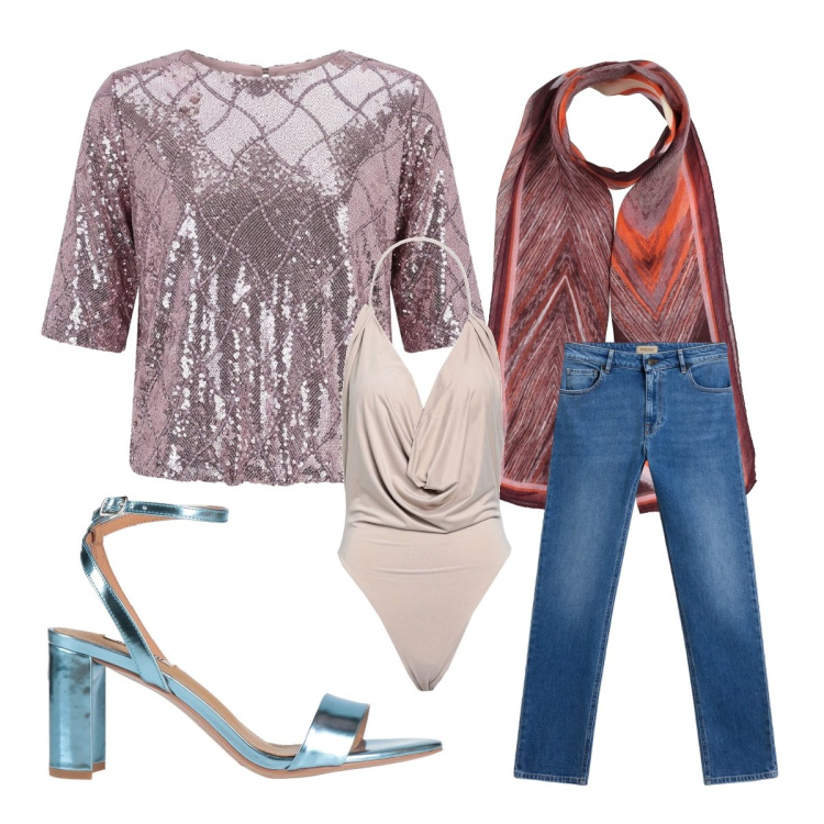 Outfit donna - Look metallizzato. Stile Glamour per Serata fuori. Abbinamento con sciarpe, sandali in pelle, body, bluse, jeans.
