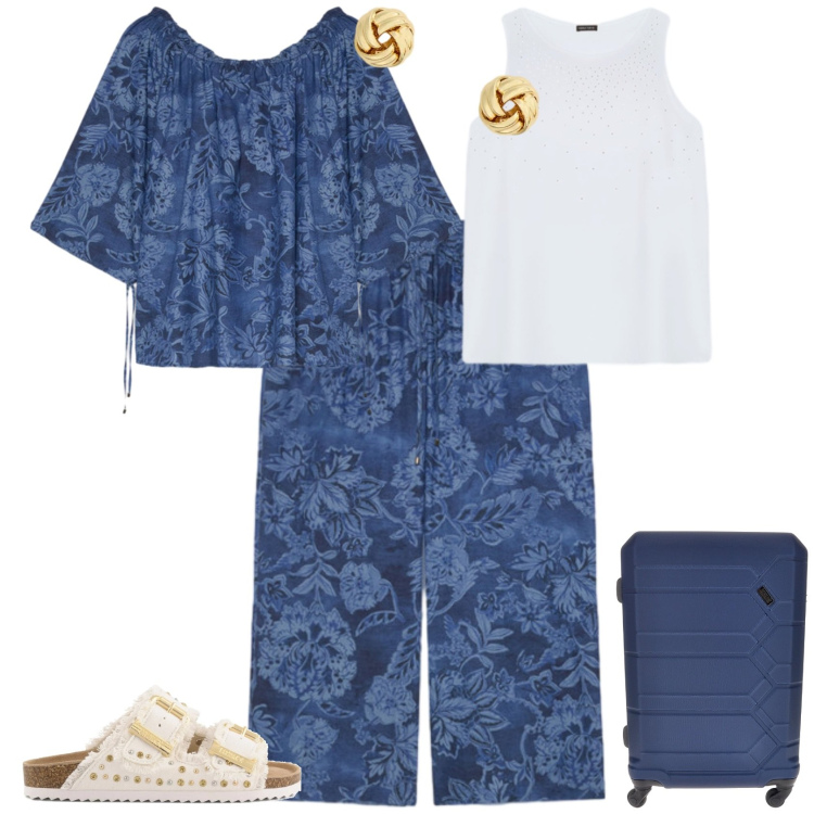 Outfit donna - Casual chic in viaggio. Stile Casual chic per Tutti i giorni. Abbinamento con bluse, pantaloni, top, orecchini, sandali, valigie.