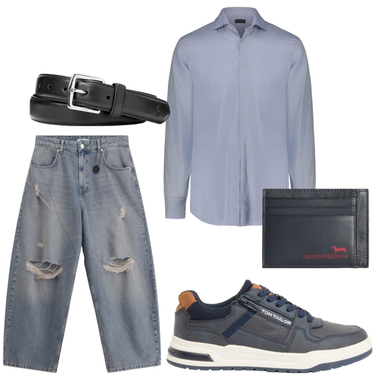 Outfit uomo - Fascino strappato. Stile Urban per Tutti i giorni. Abbinamento con sneakers, portafogli, cinture, camicie, jeans strappati.