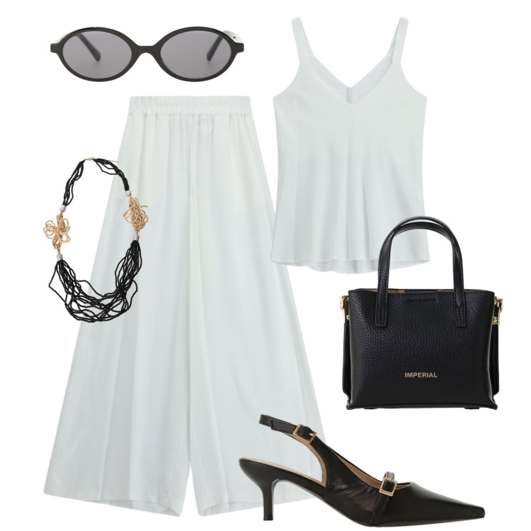 Outfit donna - Giorno e sera black&white. Stile Glamour per Tutti i giorni. Abbinamento con collane, top, pantaloni, occhiali da sole, sandali col tacco, borse a tracolla.