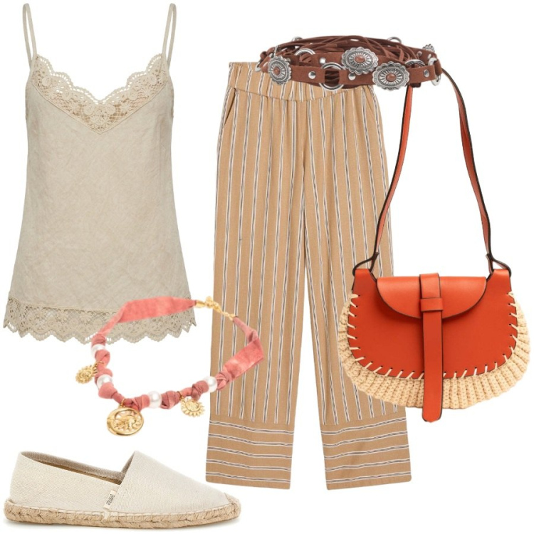 Outfit donna - Summer Boho. Stile Boho per Tutti i giorni. Abbinamento con pantaloni, cinture, borse a tracolla, canottiere, collane, espadrillas.