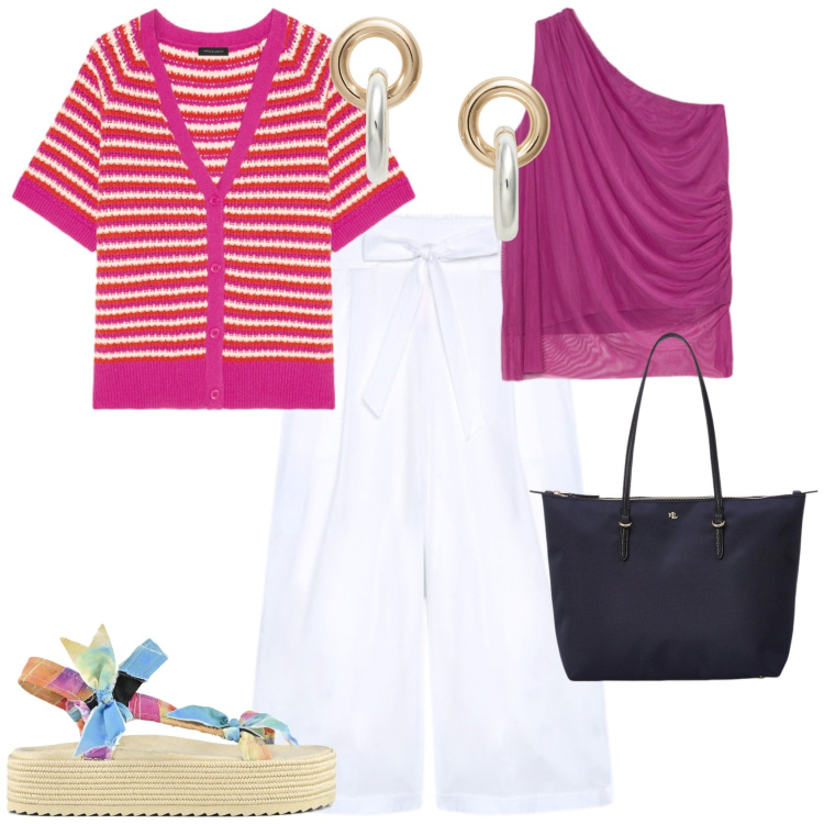 Outfit donna - Casual chic mare o città. Stile Casual chic per Tutti i giorni. Abbinamento con cardigans, top, pantaloni, borse tote, orecchini, sandali.