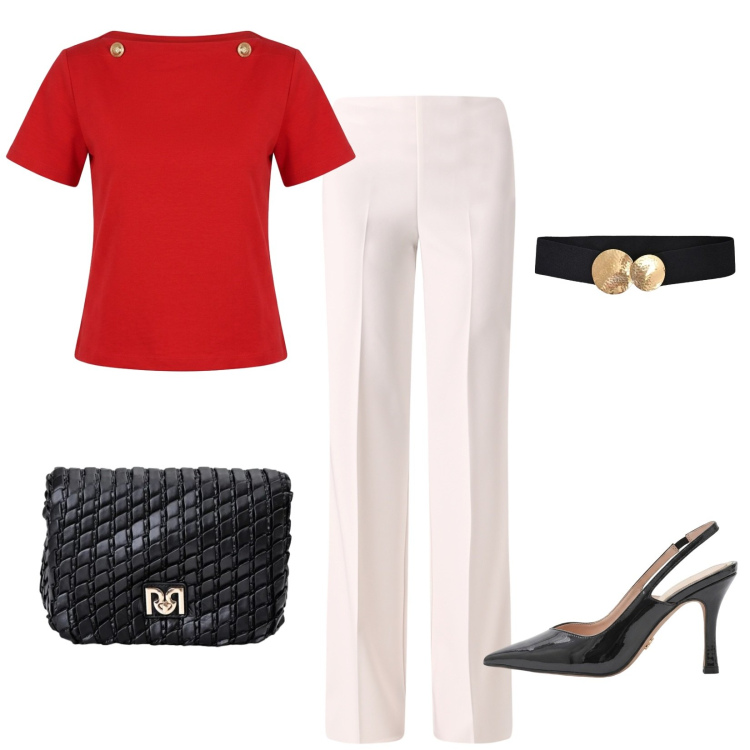 Outfit donna - Total look #2432731. Stile Casual chic per Cerimonia. Abbinamento con pantaloni a palazzo, t-shirt, décolleté, borse a tracolla, cinture.