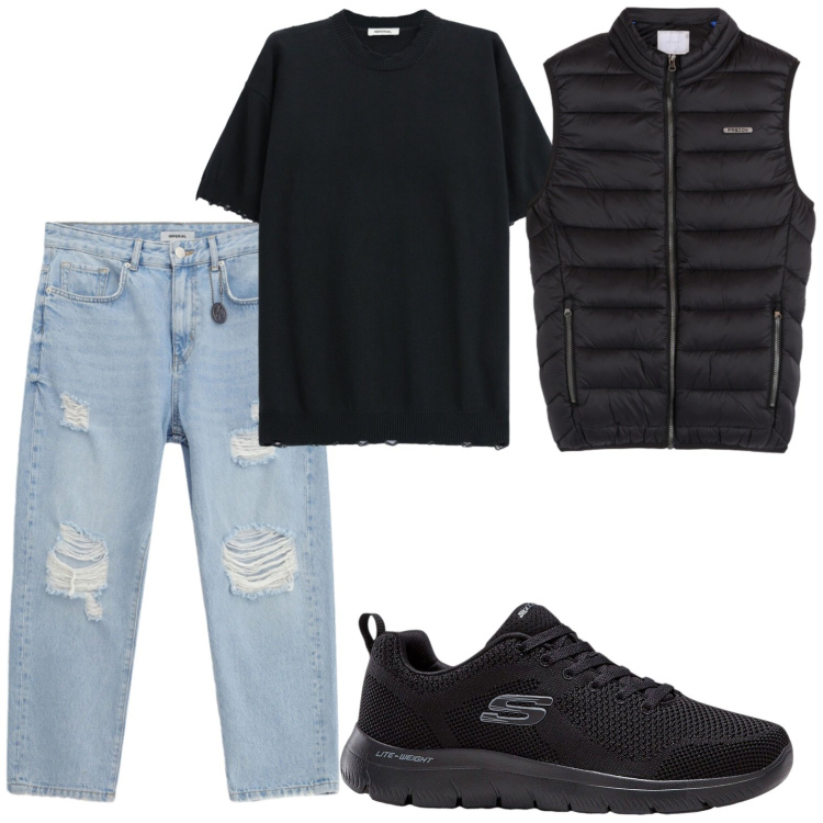 Outfit uomo - Attitudine ribelle. Stile Casual per Tutti i giorni. Abbinamento con sneakers, piumini, jeans strappati, t-shirt.