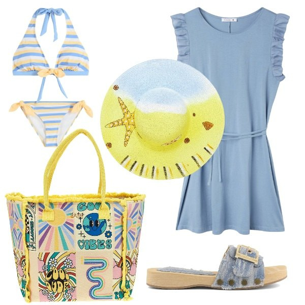 Outfit donna - Total look #2432734. Stile Preppy per Mare. Abbinamento con bikini, vestiti, borse a spalla, ciabatte, cappelli.