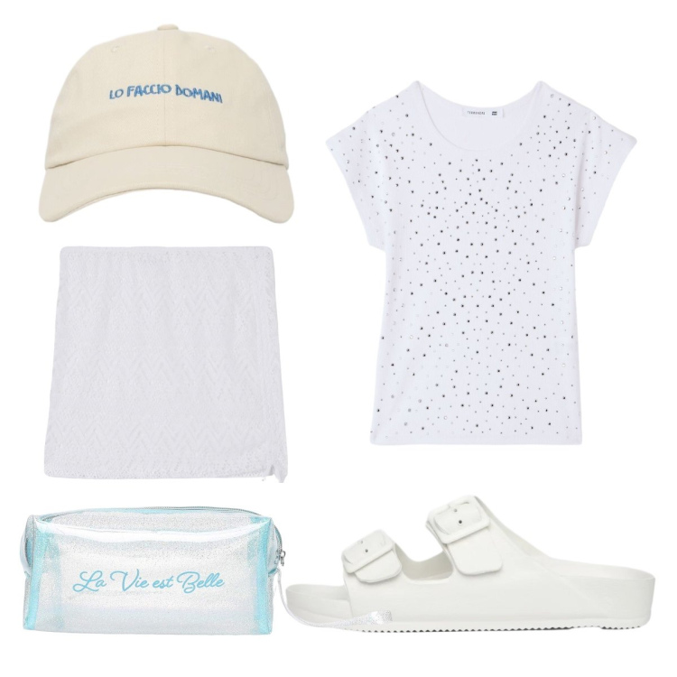 Outfit donna - Lo faccio domani. Stile Minimal per Tutti i giorni. Abbinamento con cappelli con visiera, valigie, ciabatte, t-shirt, minigonne.