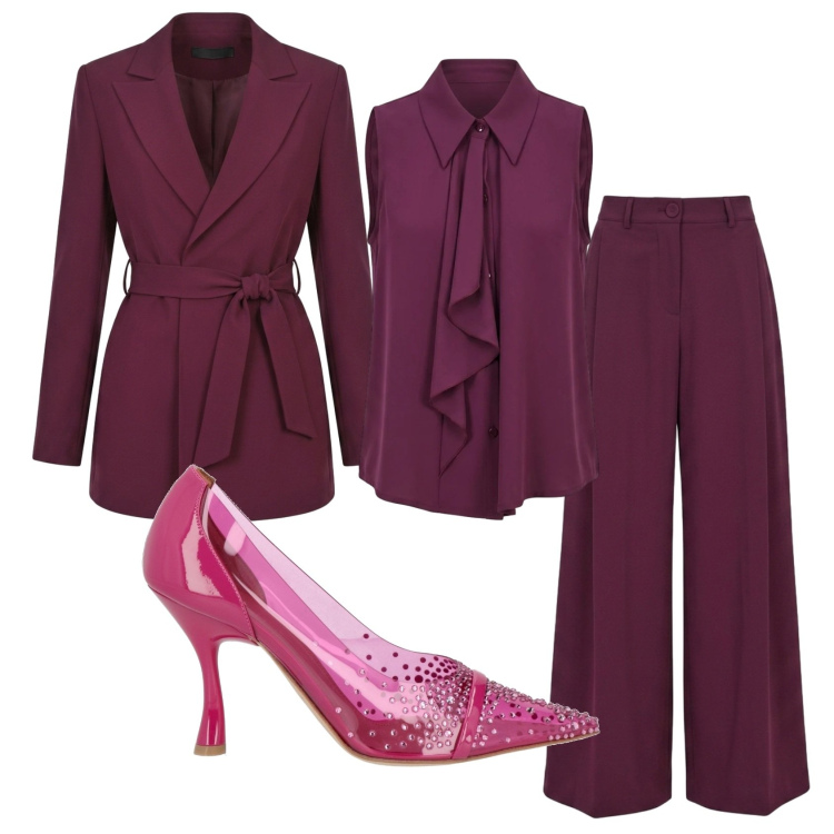 Outfit donna - Total look #2432745. Stile Chic per Cerimonia. Abbinamento con décolleté, top, blazer, pantaloni a palazzo.