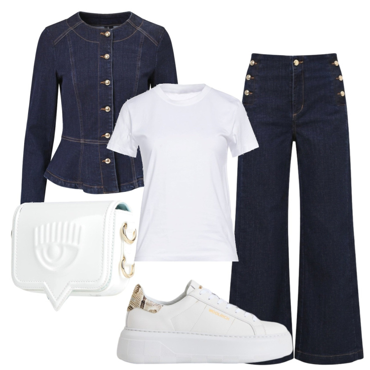 Outfit donna - Total look #2432747. Stile Basic per Tutti i giorni. Abbinamento con marsupi, t-shirt, jeans, blazer, sneakers.