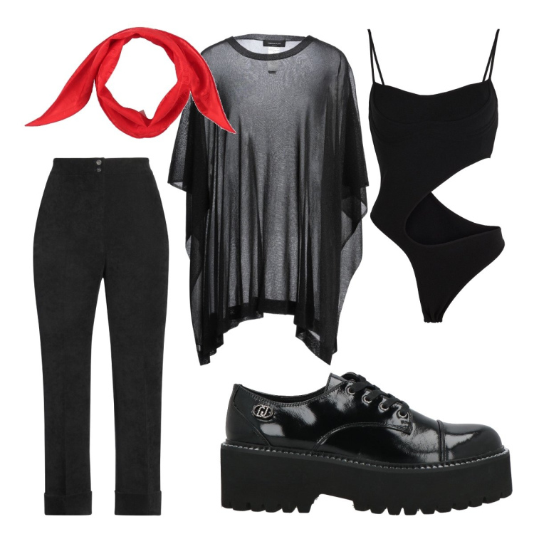 Outfit donna - Red and black curvy. Stile Rock per Serata fuori. Abbinamento con pantaloni, sciarpe, cappotti, body, scarpe stringate.